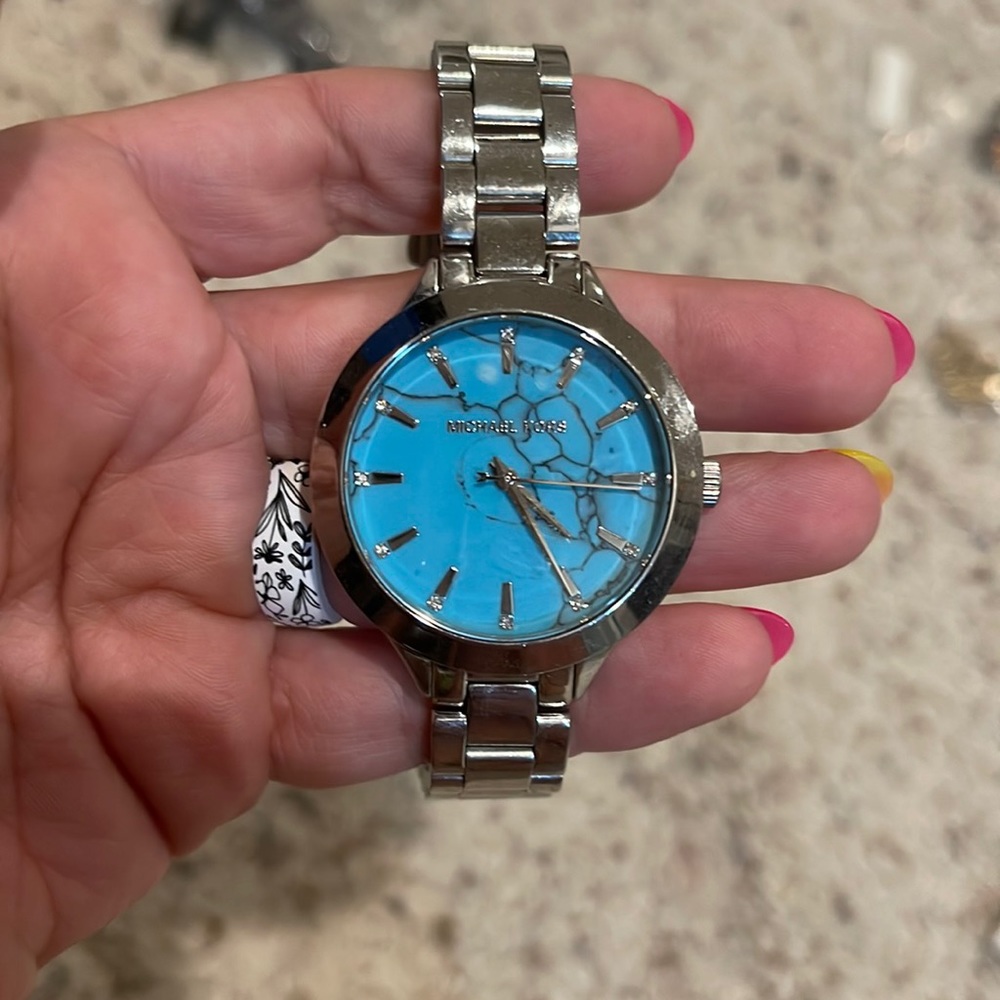 Michael kors silver tone turquoise face watch